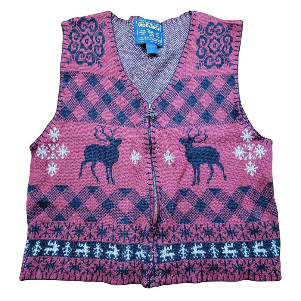 Woolrich Womens Medium Sweater Vest Christmas Zip Up Red Black
